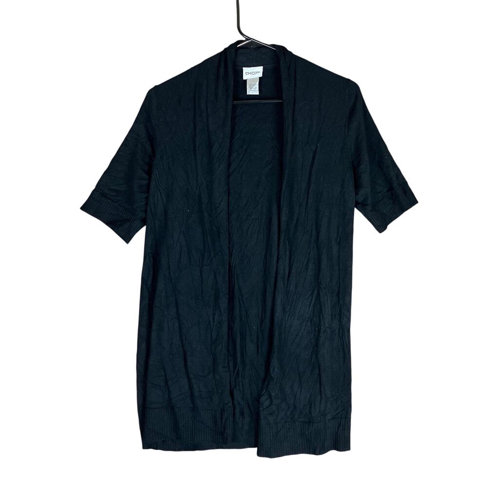 Chicos Womens Sweater Black Cardigan Ribbed Open Front Short Sleeve  0 (S)